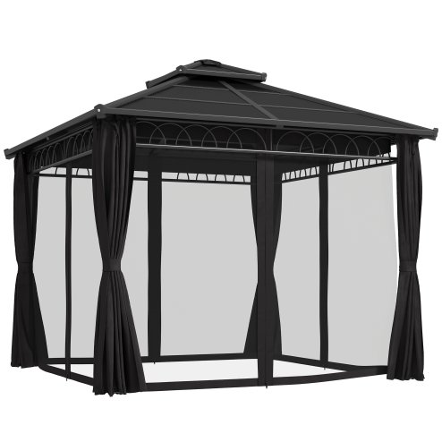 Outsunny 3 x 3 (m) Outdoor Polycarbonate Gazebo, Double?Roof Hard Top Gazebo with?Galvanised Steel Frame, Nettings?&?Curtains for Garden, Lawn, Patio and Deck, Dark Grey
