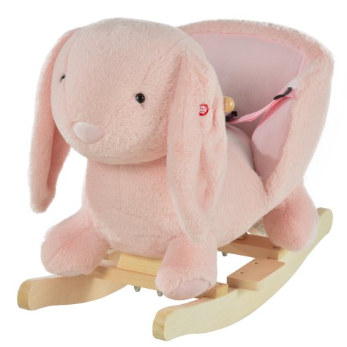 HOMCOM Kids Rocking Rabbit, Plush Rocking Horse Ride-On w/ Sound, Wood Base, Seatbelt, for Ages 18-36 Months, Pink