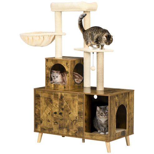 PawHut Cat Tree with Litter Box Enclosure, 2-in-1 Cat Tower for Indoor Cats with Cat House, Scratching Post, Hammock, Cushion, Rustic Brown Image