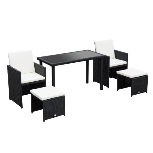 Outsunny 2 Seater Rattan Cube Garden Furniture Set, Rattan Dining Set with Cushions, Outdoor Dining Table and Chairs with 2 Armchairs, 2 Stools, Rectangular Glass Top Table for Patio, Balcony