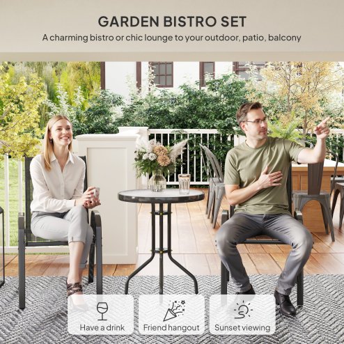Outsunny 3 Pieces Garden Dining Set, 2 Seater Garden Furniture with High Back Stackable Chairs and Round Glass Top Table, Outdoor Bistro Set for Patio, Black