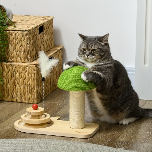 PawHut 26cm Cat Scratching Post, Mushroom-Shaped Cat Post with Toy Balls, Feather, Sisal Scratch Post for Indoor Cats - Natural tone and green