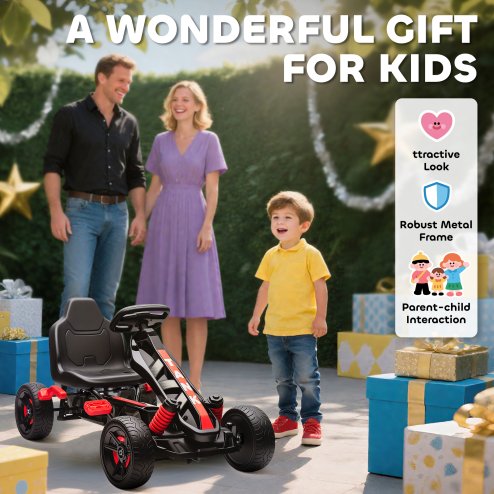 AIYAPLAY Pedal Go Kart, Ride on Racer with Freewheel System, Brake, Non-Slip EVA Wheels, Metal Frame, Go Kart for Kids Ages 3-6 Years, Red