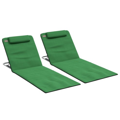 Outsunny Set of 2 Foldable Garden Beach Chair Mat Lightweight Outdoor Sun Lounger Seats Adjustable Back Metal Frame PE Fabric Head Pillow w/ Carry Bag, Green