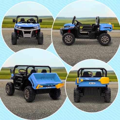 HOMCOM 2 Seater Kids Ride On Car with Electric Bucket, 12V Battery Powered Electric UTV with Shovel, Parental Remote, 4 Spring Suspension Wheels, Working Horn, Music - Blue