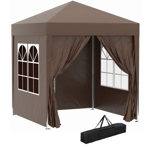 Outsunny 2 x 2 m Garden Pop Up Gazebo, Wedding Party Tent Marquee, Water Resistant Awning Canopy with Sidewalls, Windows, Carry Bag, Coffee Image