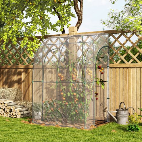 Outsunny Walk-In Greenhouse with Zipped Roll Up Doors, Lean-to Small Greenhouse with Plastic Cover and Sloping Top for Flowers, Vegetables and Herbs, 143cm x 118cm x 212cm, Clear