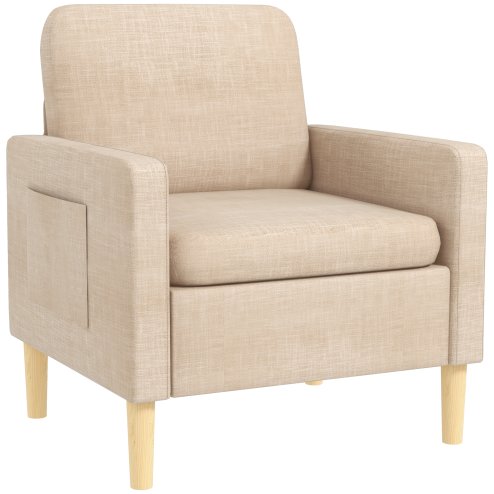 HOMCOM One Seater Sofa for Living Room, Modern Fabric Armchair with Wood Legs and 2 Pockets, Accent Chair for Bedroom and Home Office