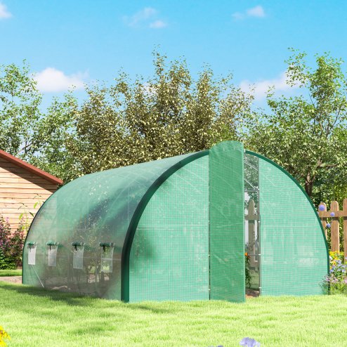 Outsunny 4 x 3(m) Walk-in Polytunnel Greenhouse with Upgraded Structure, 2 Hinged Doors, 8 Mesh Windows, Tunnel Warm House Tent with UV-resistant PE Cover, Green