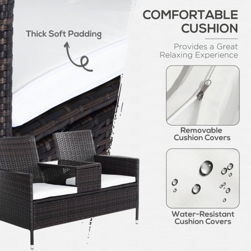 Outsunny 2 Seater Rattan Sofa with Cushions, Wicker Garden Loveseat with Armrests, Outdoor Garden Sofa Couch with Metal Frame for Patio, Brown