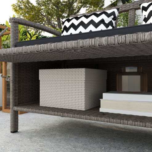 Outsunny 2 Seater Garden Storage Bench with 160L Capacity, PE Rattan Garden Bench with Storage, Wicker Outdoor Bench Loveseat with Cushion, Pillows and Steel Frame for Patio, Grey