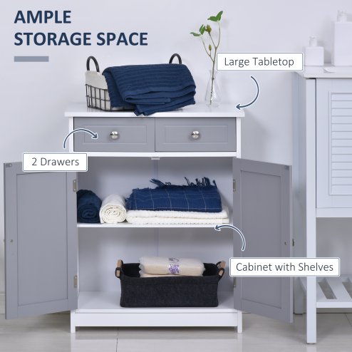 kleankin 75x60cm Freestanding Bathroom Storage Cabinet Unit w/ 2 Drawers Cupboard Adjustable Shelf Metal Handles Traditional Style 