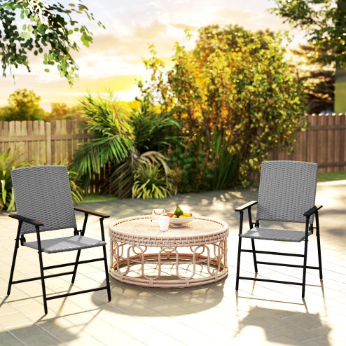 Outsunny Folding Garden Chairs Set of 2, PE Rattan Garden Dining Chairs with Armrests, High Back and Steel Frame, Weather Resistant Outdoor Dining Furniture for Patio, Balcony, Grey Image