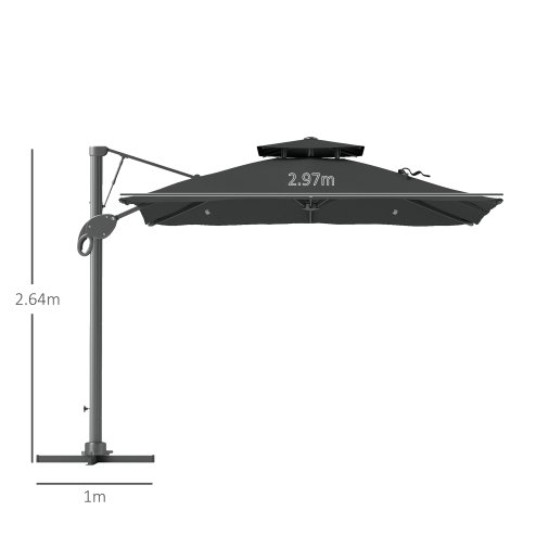 Outsunny 3 x 3 m Cantilever Parasol with Hydraulic Opening, Heavy Duty Aluminium Hanging Garden Parasol, Double Top Square Patio Umbrella with 360° Rotation, 8 Ribs, Cross Base, Grey