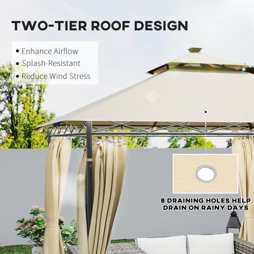 Outsunny 3 x 3 m Garden Gazebo, Double Roof Metal Gazebo with Curtains and Solar-Powered LED Lights, Outdoor Canopy Shelter for Patio, Deck, Beige