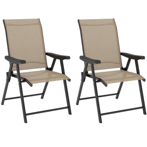 Outsunny Set of 2 Folding Chair, Garden Chair Set with Breathable Mesh Back and Seat, Outdoor Camping Chairs with Armrests, Steel Frame for Deck Balcony, Brown