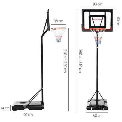 SPORTNOW Height Adjustable Basketball Hoop and Stand w/ Plastic Backboard and Weighted Base, Portable on Wheels, 2.6-3.1m, Black