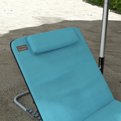 Outsunny Set of 2 Foldable Garden Beach Chair Mat Lightweight Outdoor Sun Lounger Seats Adjustable Back Metal Frame PE Fabric Head Pillow w/ Carry Bag, Light Blue