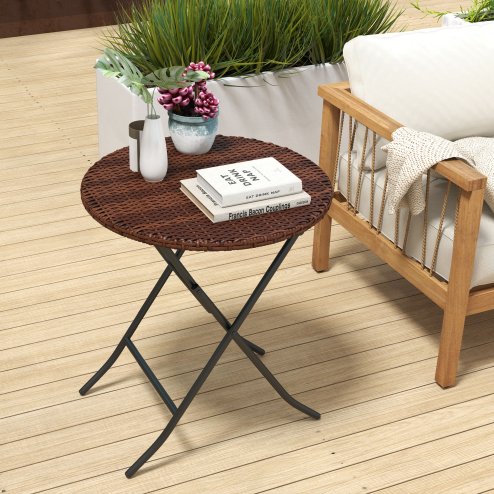 Outsunny Foldable PE Rattan Outdoor Coffee Table, Metal Frame Wicker Round Side Table, Coffee Table Side Table for Lawn, Garden, Mixed Brown Image
