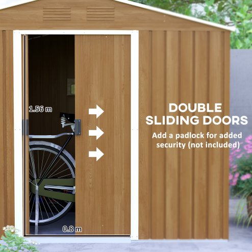 Outsunny 7.7 x 5.7ft Metal Garden Shed with Ventilation Slots and Sliding Doors, Galvanised Outdoor Tool Storage House, Brown Wood Effect
