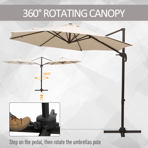 Outsunny 3M Cantilever Parasol, Hanging Garden Umbrella Sun Shade with 360 Rotation, Aluminium Frame, Cross Base, Hand Crank, Beige