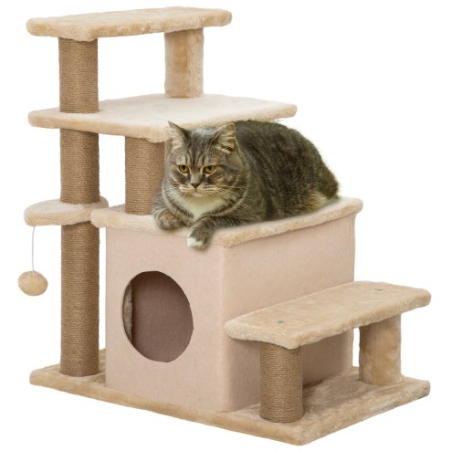 PawHut Dog Steps for Bed, 4 Step Pet Stairs with Cat House, Detachable Cover, Jute Scratching Post, Cat Climb ladder for Sofa w/ Hanging Balls - Beige