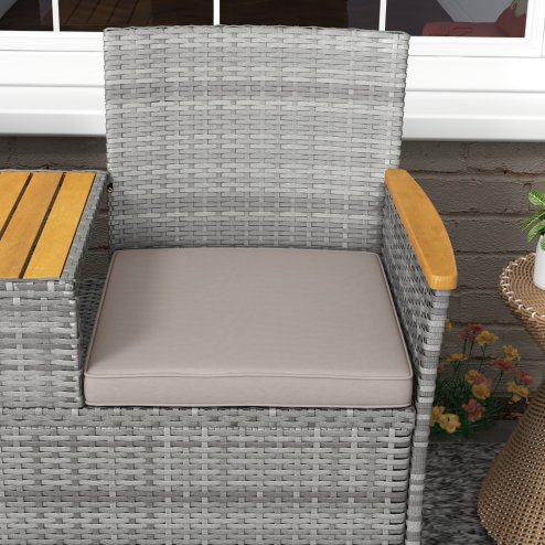 Outsunny 2 Seat Rattan Garden Bench, Patio Wicker Chair with Acacia Wood Top Middle Table, Outdoor PE Rattan Love Seat with Padded Cushions, Decorative Handrails, Grey