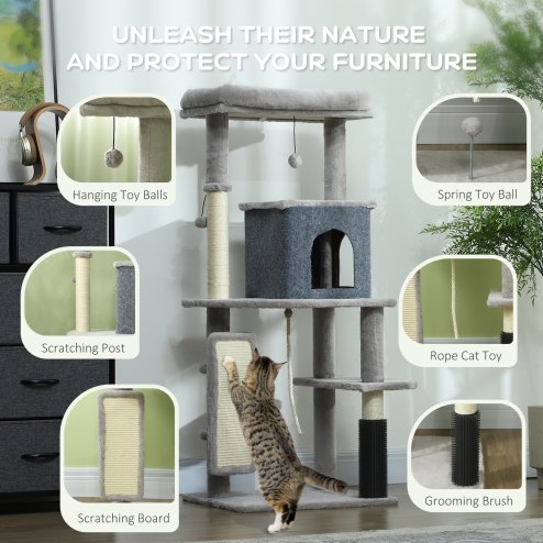 PawHut Cat Tree for Indoor Cats, 132cm Cat Tower with Scratching Posts and Pad, Cat Bed, Cat House, Jumping Platform, Grooming Brush, Toy Balls, Anti-Tip Kit, Cat Climbing Frame, Light Grey