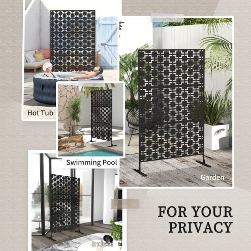 Outsunny Decorative Garden Privacy Screen with Stand, 6.5FT Freestanding Metal Outdoor Divider, Decorative Privacy Panel with Expansion Screws for Garden Pool Hot Tub, Grid Style, Black