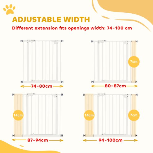 PawHut Dog Gate Stair Gate Pressure Fit Pets Barrier Auto Close for Doorway Hallway, 74-100cm Wide Adjustable, White