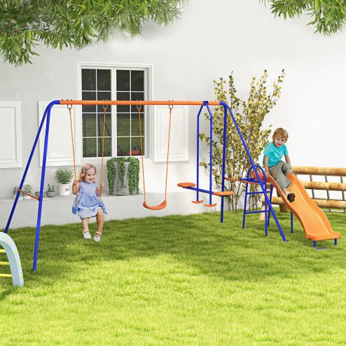 Outsunny 4 in 1 Garden Swing Set, Metal Kids Swing Set w/ Double Swings, Glider, Slide, Ladder, for Outdoor Play - Multicoloured