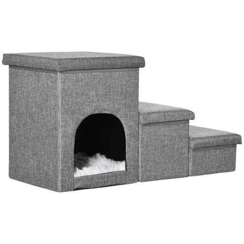 PawHut Dog Steps for Bed, 3 Step Pet Stairs with Kitten House and 2 Storage Boxes, 3 in 1 Dog Ramp for Sofa with Washable Plush Cushion, Light Grey Image