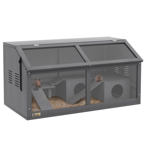 PawHut Wooden Hamster Cage, Gerbil Cage for Syrian Hamster with Exercise Play House, Openable Top 85 x 45 x 44cm - Grey