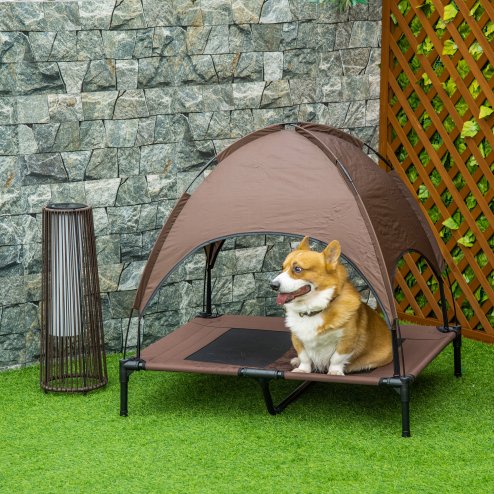 PawHut Raised Dog Bed Waterproof Elevated Pet Cot with Breathable Mesh UV Protection Canopy Brown, for Large Dogs, 92 x 76 x 90cm Image