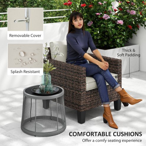 Outsunny Single Seater Rattan Garden Armchair, PE Wicker Rattan Chair with Armrests and Cushions, Garden Chair with Galvanised Steel Frame for Conservatory, Porch, Brown