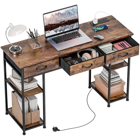 HOMCOM Computer Desk with Power Outlets, 120cm Home Office Desk with 3 Fabric Drawers and 4 Storage Shelves, Study Table Workstation for Bedroom
