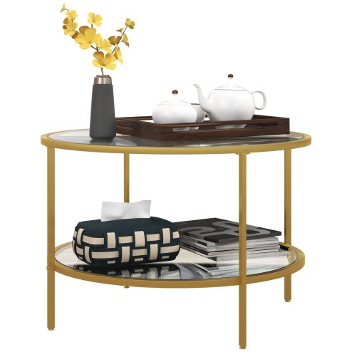 HOMCOM Round Coffee Table with Storage, 2-Tier Tempered Glass Coffee Table with Steel Frame for Living Room, Gold Tone