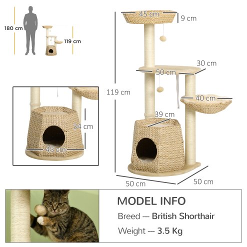 PawHut Cat Tree Tower for Indoor Cats, Climbing Activity Centre, Kitten Furniture with Cattail Fluff Bed House, Sisal Scratching Post, Hanging Ball, 50 x 50 x 119cm, Natural Tone