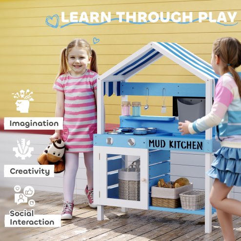 AIYAPLAY Kids Mud Kitchen, Outdoor Play Kitchen with Stoves, Sink, Faucet, Storage Shelves, Cookware Accessories, Pretend Wooden Kitchen Playset for Boys Girls, Blue