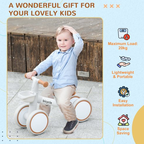 AIYAPLAY Kids Balance Bike for 1-3 Years Old, No Pedal Toddler Balance Bike with Adjustable Seat, Silent Wheels, Training Bike for Boys and Girls, White