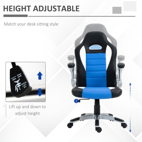 HOMCOM Computer Gaming Chair, Office Desk Swivel Chair, PU Leather Racing Chair with 90?? Flip-up Armrest, Adjustable Height and Rolling Wheels, Blue