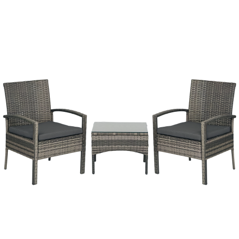 Outsunny 3 Pieces Rattan Bistro Set, Wicker Garden Furniture Set with Glass Top Coffee Table and Chairs, Washable Cushions for Outdoor, Patio, Balcony, Mixed Grey