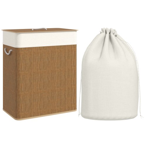 HOMCOM Double Laundry Basket with Lid, 100L Bamboo Laundry Hamper with Rope Handles, Washing Basket with Removable Liner for Bathroom, Bedroom