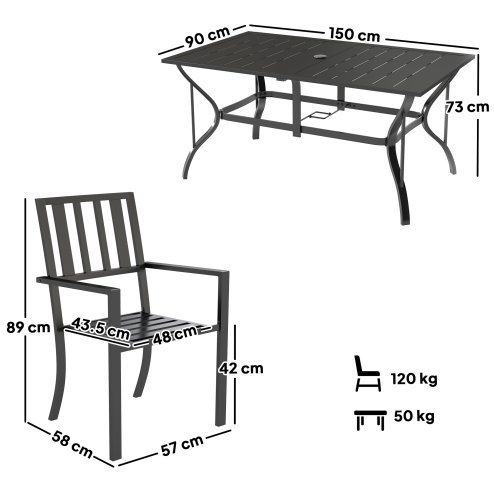 Outsunny 7 Pieces Patio Dining Set, 6 Seater Outdoor Table and Stackable Chairs with Umbrella Hole, Galvanised Steel Frame, Space Saving, for Poolside, Garden, Black