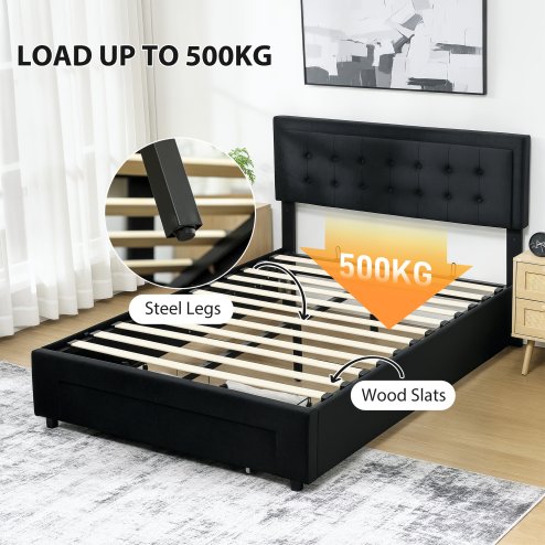 HOMCOM Double Ottoman Bed Frame, 4ft6 Gas Lift Storage Bed with 2-Level Adjustable Velvet Upholstered Headboard, Wheeled Drawer and Wooden Slats, No Mattress, Black