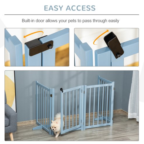 PawHut Wooden Dog Gate, Dog Fence Indoor, 80 cm Tall Freestanding Pet Gate for Small and Medium Dogs with 4 Panels, 2 Support Feet, Blue-Grey