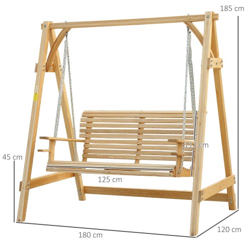 Outsunny 2 Seater Garden Swing Seat, Wooden Swing Chair Bench with Cup Holders for Outdoor Porch Patio, Natural