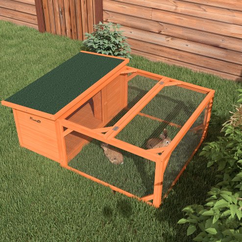 PawHut Rabbit Hutch Outdoor Guinea Pig Hutch with Run Small Animal Off-ground Duck House Hideaway Backyard with Openable Roof 125.5 x 100 x 49cm Orange