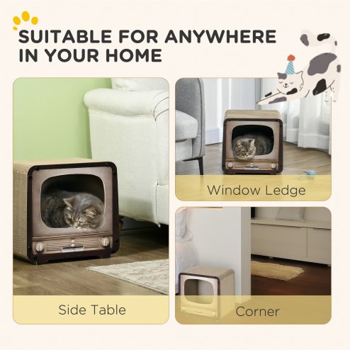 PawHut Cat Scratching Board, Cat Scratcher TV Shape Corrugated Cardboard 2 in 1 Cat House with Catnip, for Indoor Cats, Brown