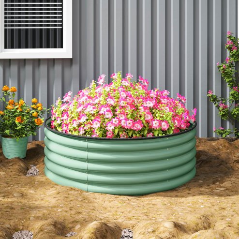 Outsunny Galvanised Raised Garden Bed with Safety Edging, Outdoor Raised Planter Box with Gloves and Open Bottom, Metal Raised Bed for Flowers, Vegetables and Herbs, 120 x 120 x 43cm, Light Green